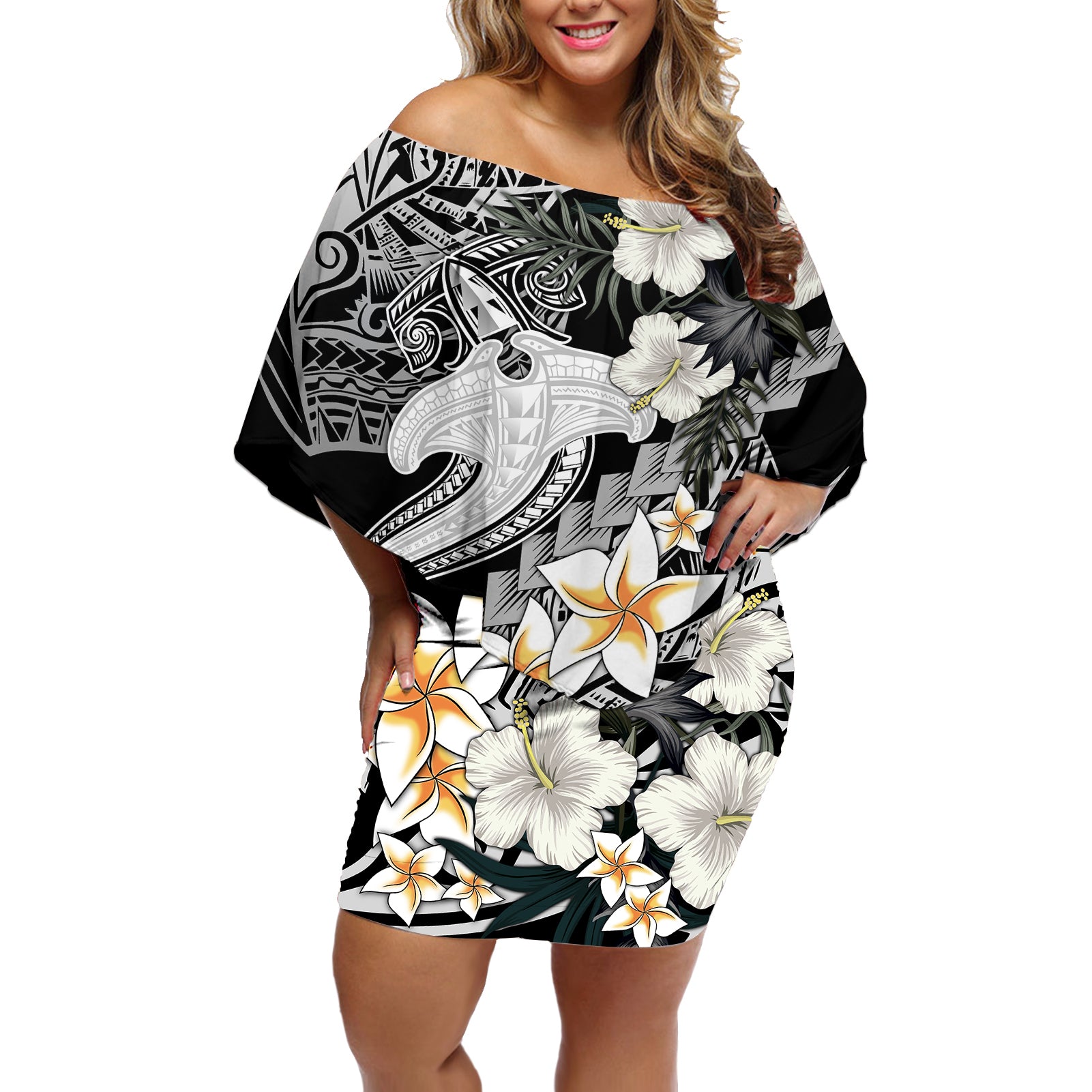 Aloha Hawaii Off Shoulder Short Dress Hammerhead Shark Tattoo Polynesian Summer - White LT9 Women White - Polynesian Pride