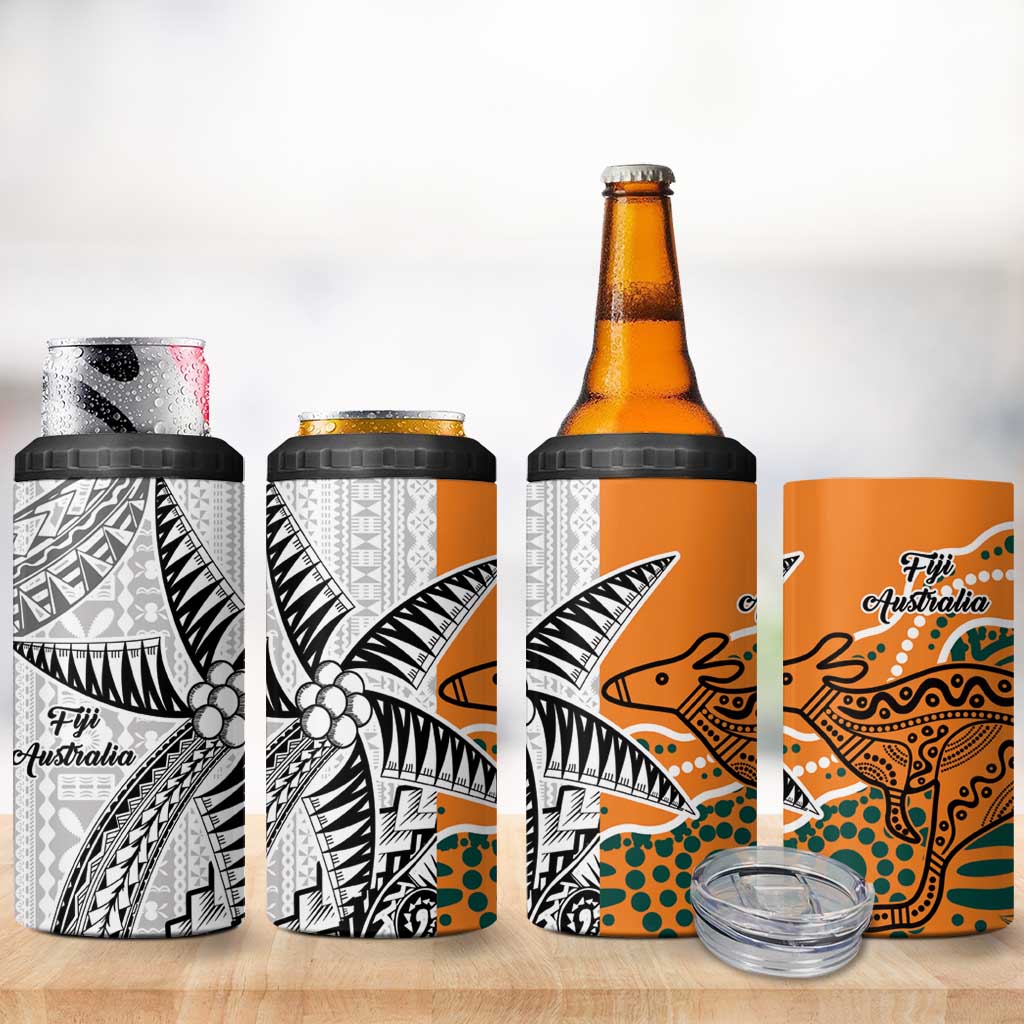Australia-Fiji Palm and Kangaroo 4 in 1 Can Cooler Tumbler Polynesia Tapa Mixed Indigenous Aboriginal