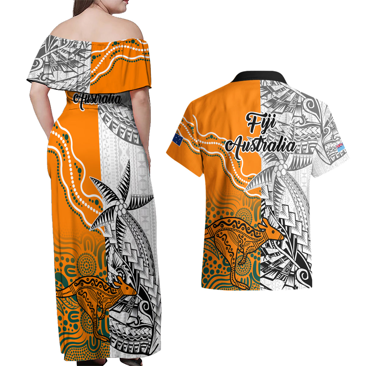 fiji-australia-rugby-couples-matching-off-shoulder-maxi-dress-and-hawaiian-shirt-world-cup-2023-polynesia-tapa-mixed-indigenous-aboriginal