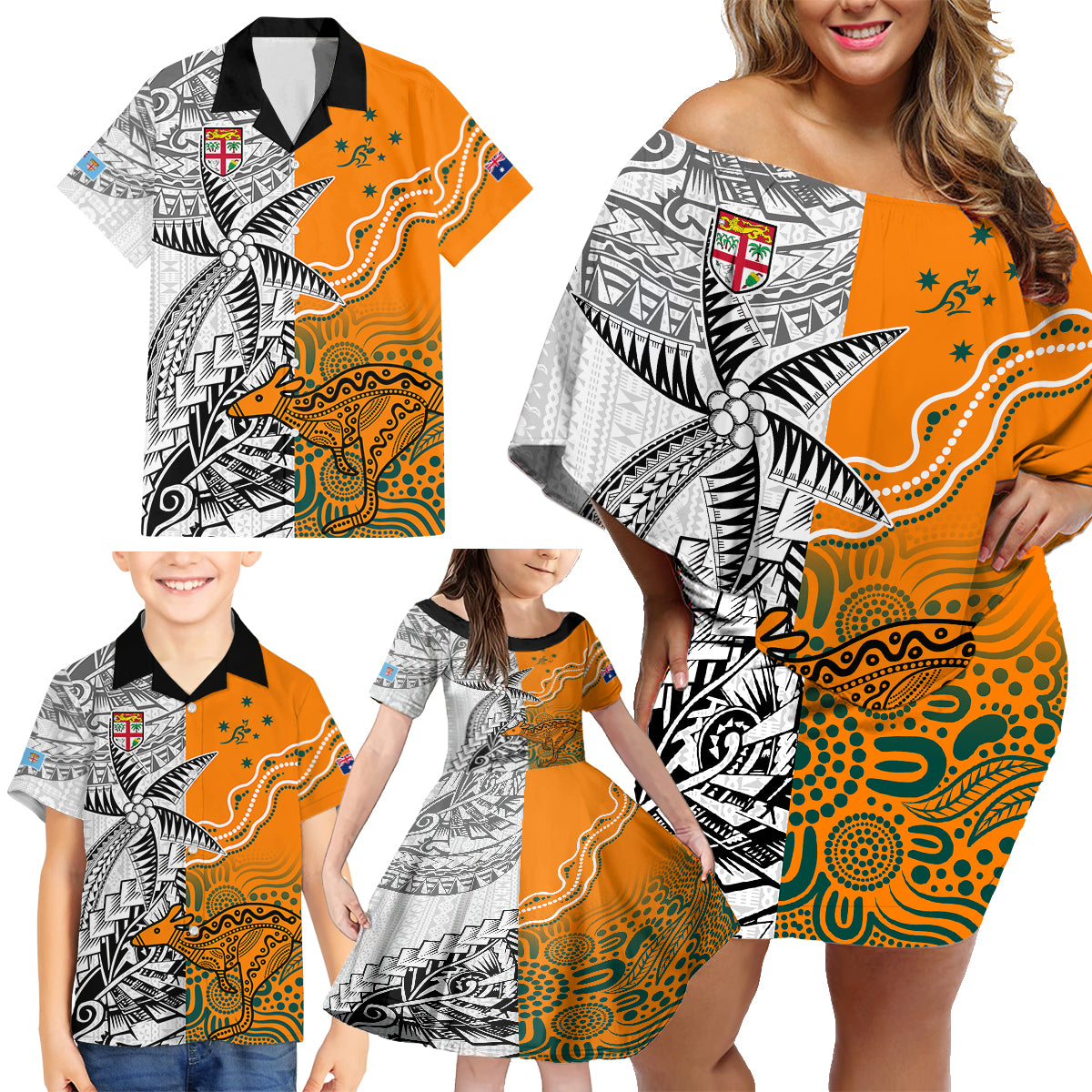 fiji-australia-rugby-family-matching-off-shoulder-short-dress-and-hawaiian-shirt-world-cup-2023-polynesia-tapa-mixed-indigenous-aboriginal