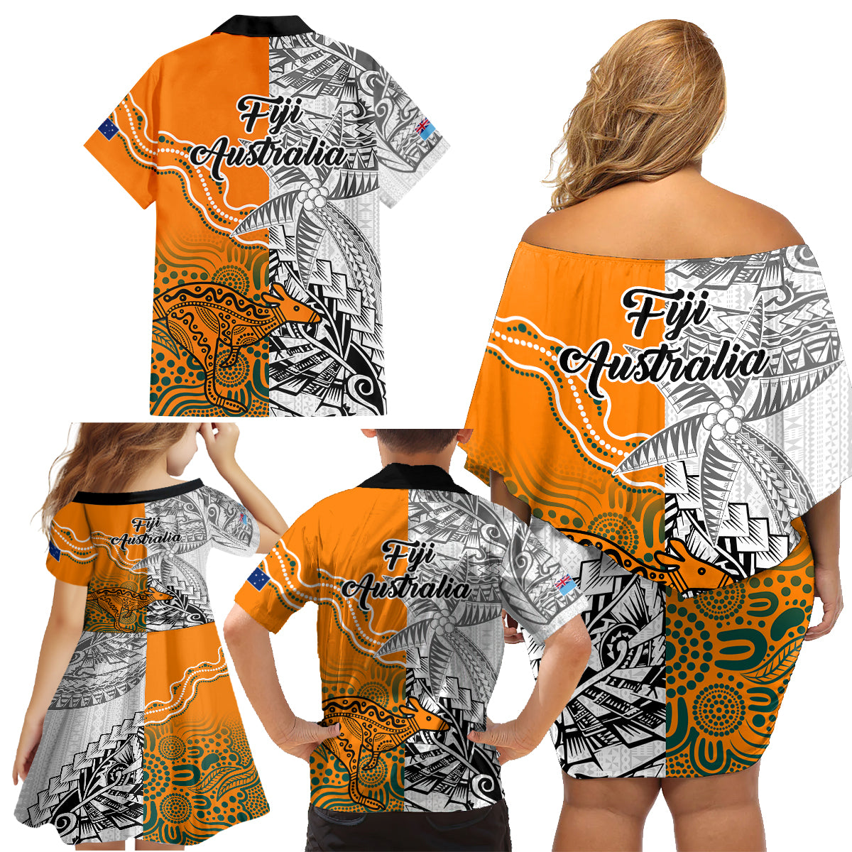 fiji-australia-rugby-family-matching-off-shoulder-short-dress-and-hawaiian-shirt-world-cup-2023-polynesia-tapa-mixed-indigenous-aboriginal