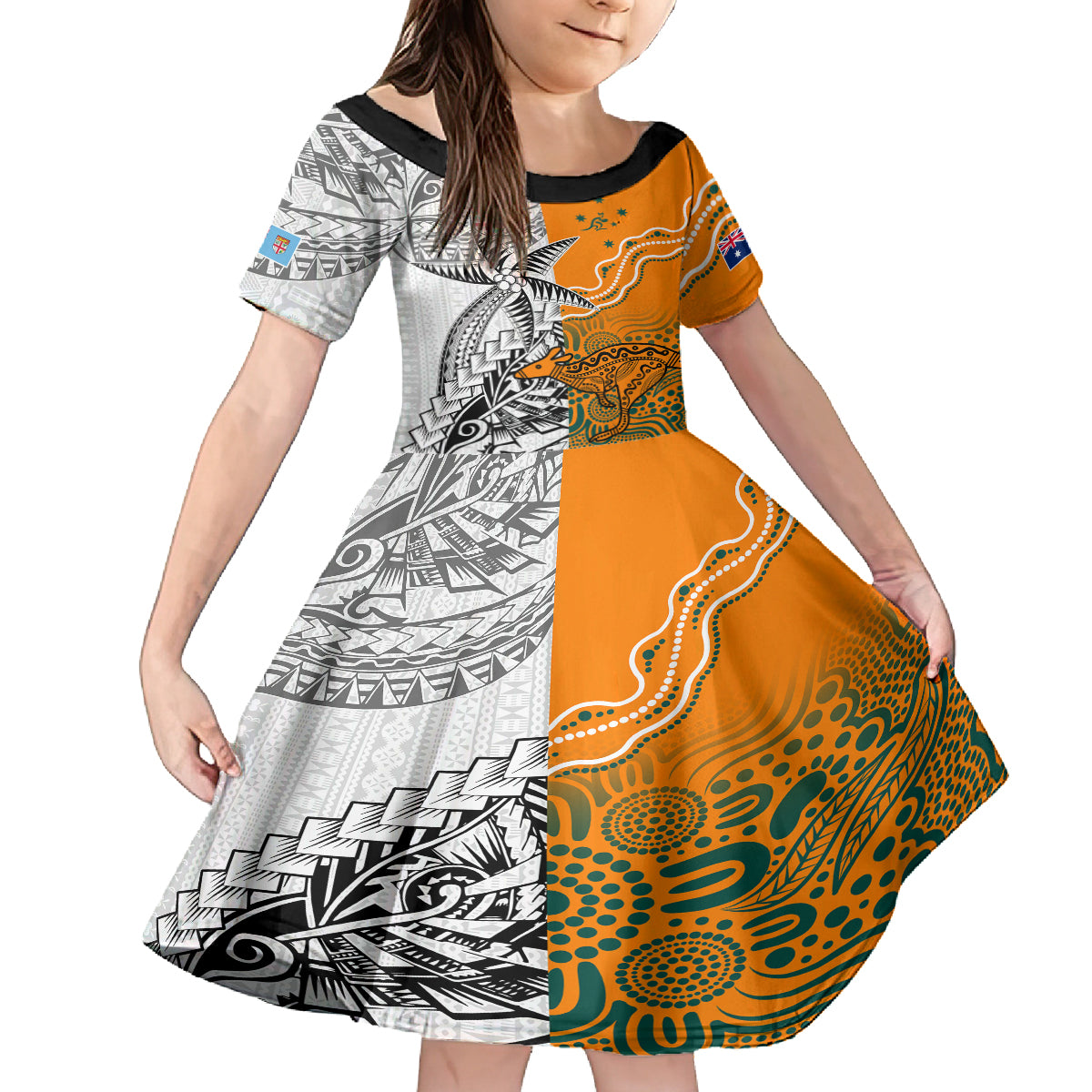 Fiji Australia Rugby Kid Short Sleeve Dress World Cup 2023 Polynesia Tapa Mixed Indigenous Aboriginal LT9 KID Gold - Polynesian Pride