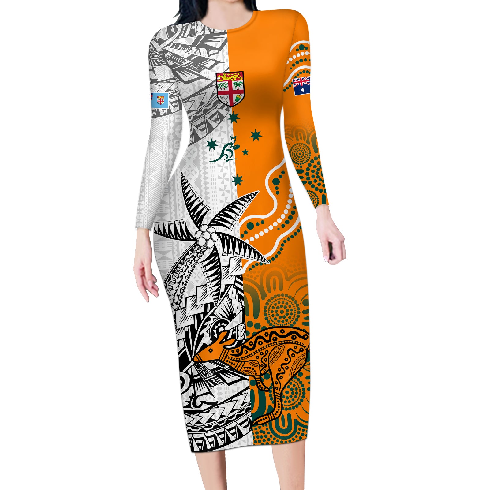 fiji-australia-rugby-long-sleeve-bodycon-dress-world-cup-2023-polynesia-tapa-mixed-indigenous-aboriginal