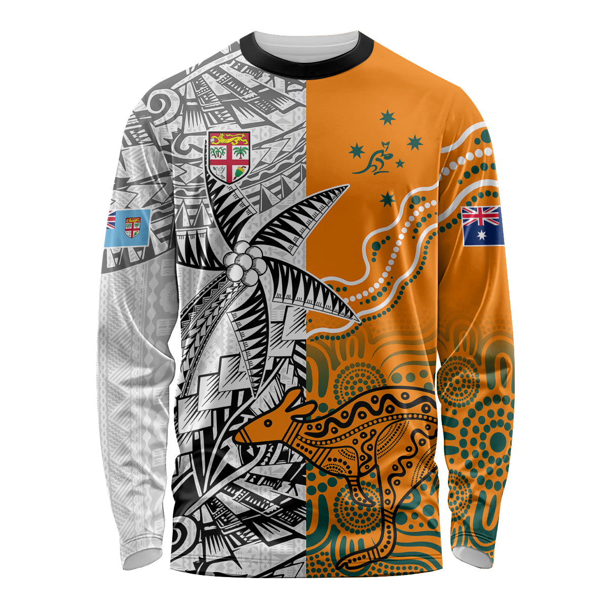 Fiji Australia Rugby Long Sleeve Shirt World Cup 2023 Polynesia Tapa Mixed Indigenous Aboriginal LT9 Unisex Gold - Polynesian Pride