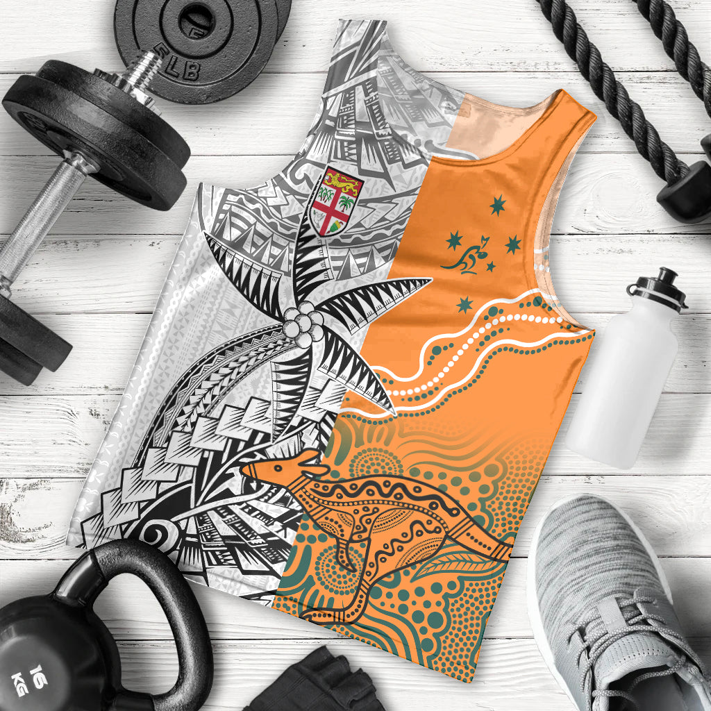 Fiji Australia Rugby Men Tank Top World Cup 2023 Polynesia Tapa Mixed Indigenous Aboriginal LT9 Gold - Polynesian Pride