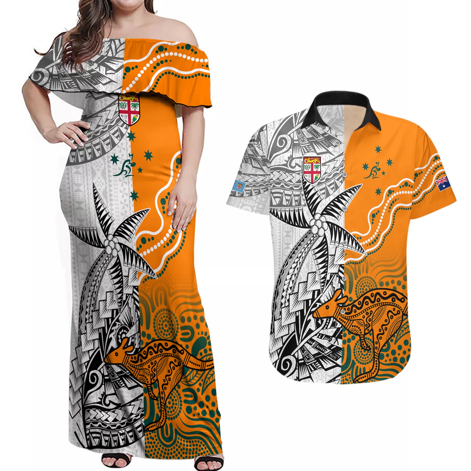 personalised-fiji-australia-rugby-couples-matching-off-shoulder-maxi-dress-and-hawaiian-shirt-world-cup-2023-polynesia-tapa-mixed-indigenous-aboriginal