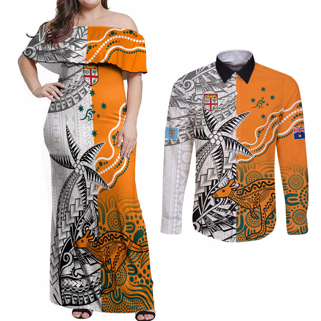 personalised-fiji-australia-rugby-couples-matching-off-shoulder-maxi-dress-and-long-sleeve-button-shirts-world-cup-2023-polynesia-tapa-mixed-indigenous-aboriginal