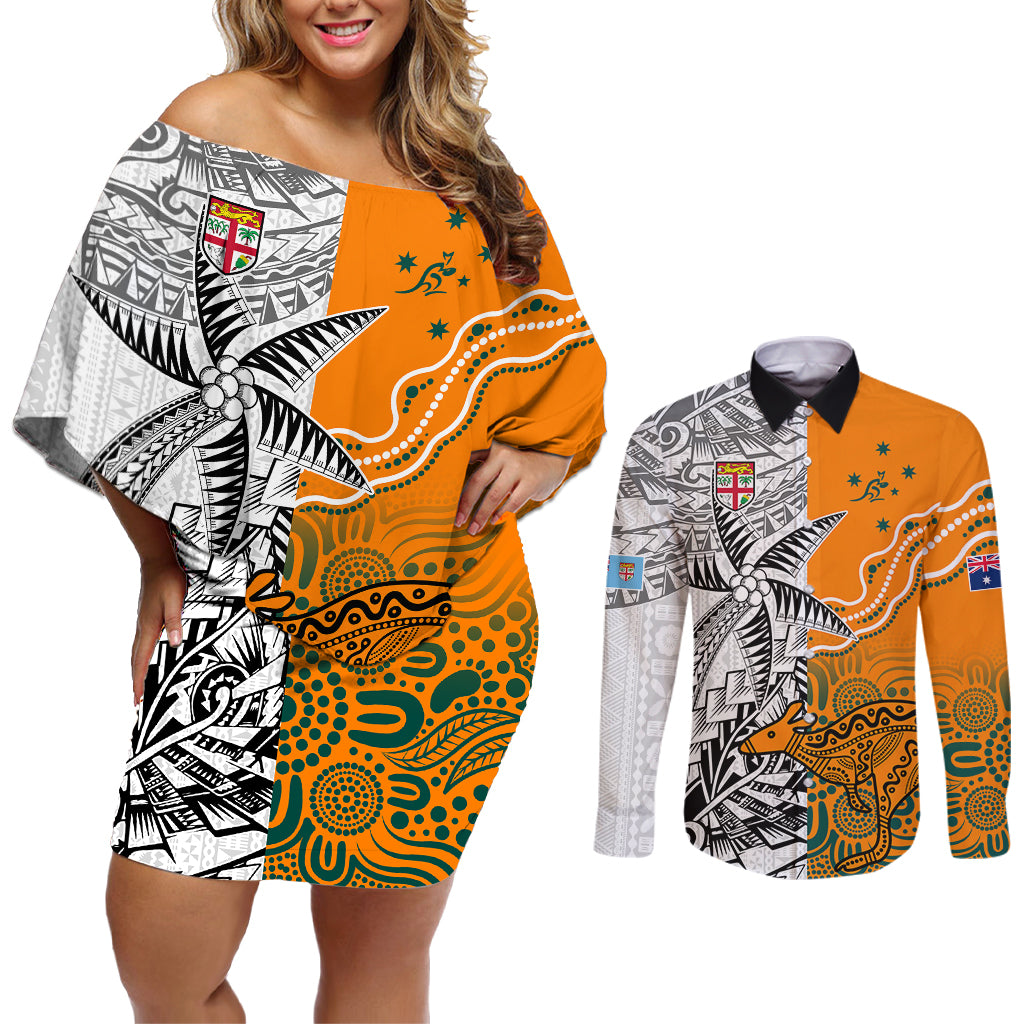 personalised-fiji-australia-rugby-couples-matching-off-shoulder-short-dress-and-long-sleeve-button-shirts-world-cup-2023-polynesia-tapa-mixed-indigenous-aboriginal