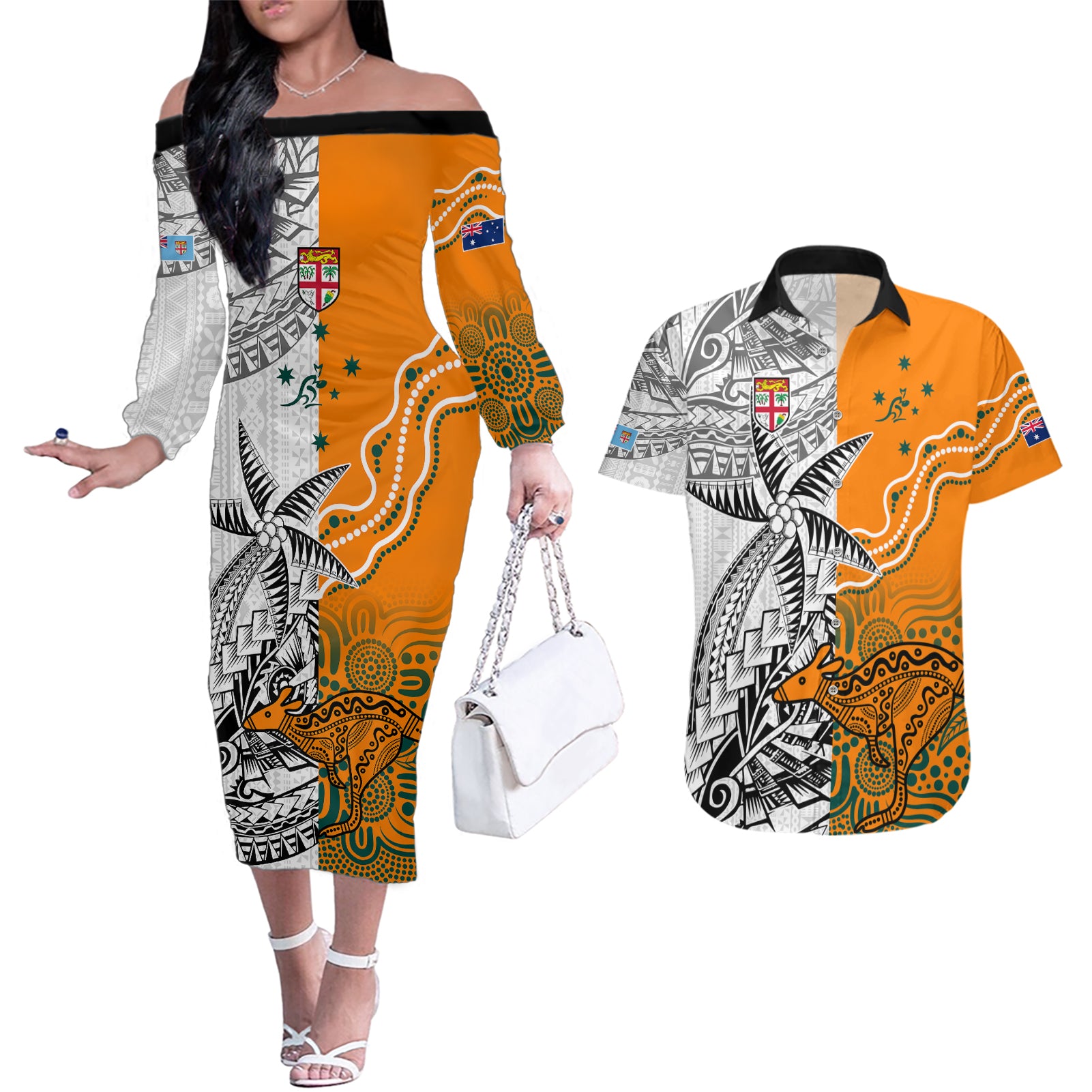 personalised-fiji-australia-rugby-couples-matching-off-the-shoulder-long-sleeve-dress-and-hawaiian-shirt-world-cup-2023-polynesia-tapa-mixed-indigenous-aboriginal