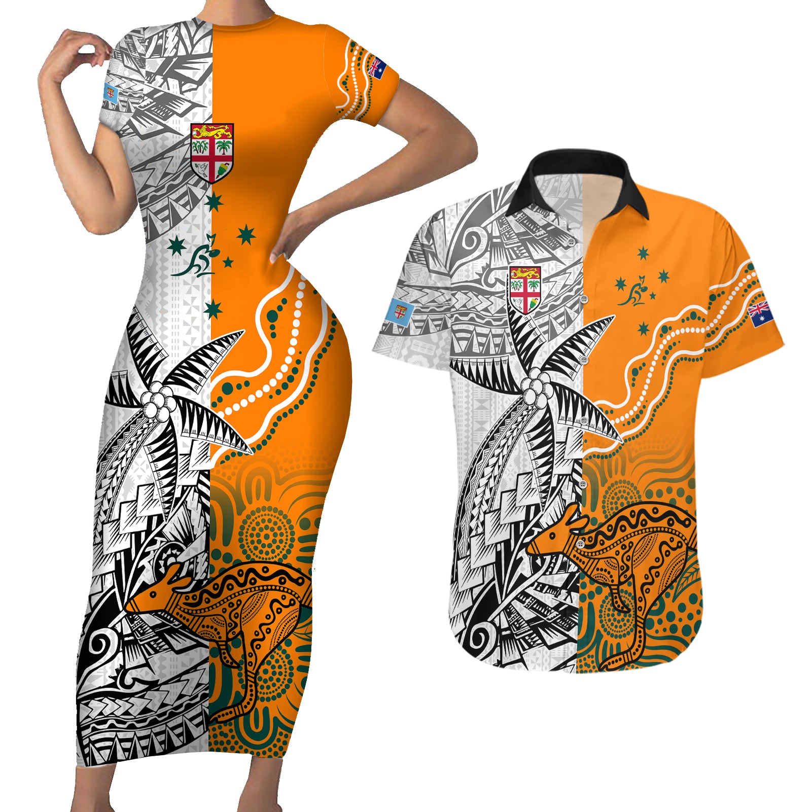 personalised-fiji-australia-rugby-couples-matching-short-sleeve-bodycon-dress-and-hawaiian-shirt-world-cup-2023-polynesia-tapa-mixed-indigenous-aboriginal