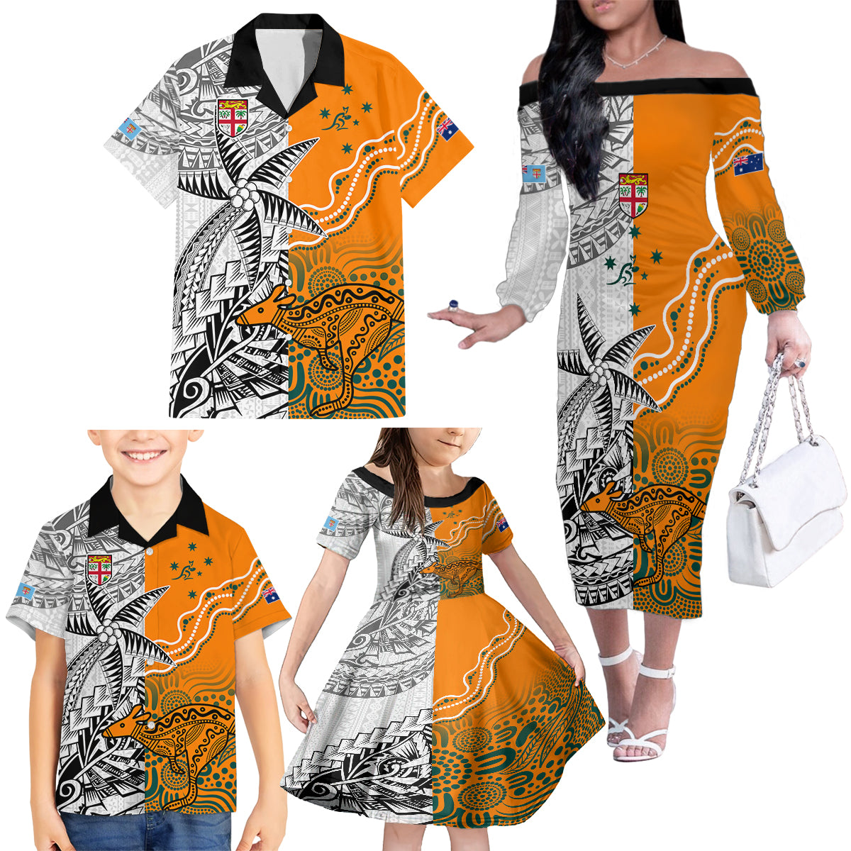 personalised-fiji-australia-rugby-family-matching-off-shoulder-long-sleeve-dress-and-hawaiian-shirt-world-cup-2023-polynesia-tapa-mixed-indigenous-aboriginal