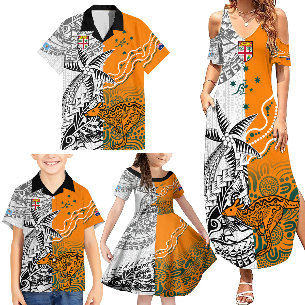 personalised-fiji-australia-rugby-family-matching-summer-maxi-dress-and-hawaiian-shirt-world-cup-2023-polynesia-tapa-mixed-indigenous-aboriginal