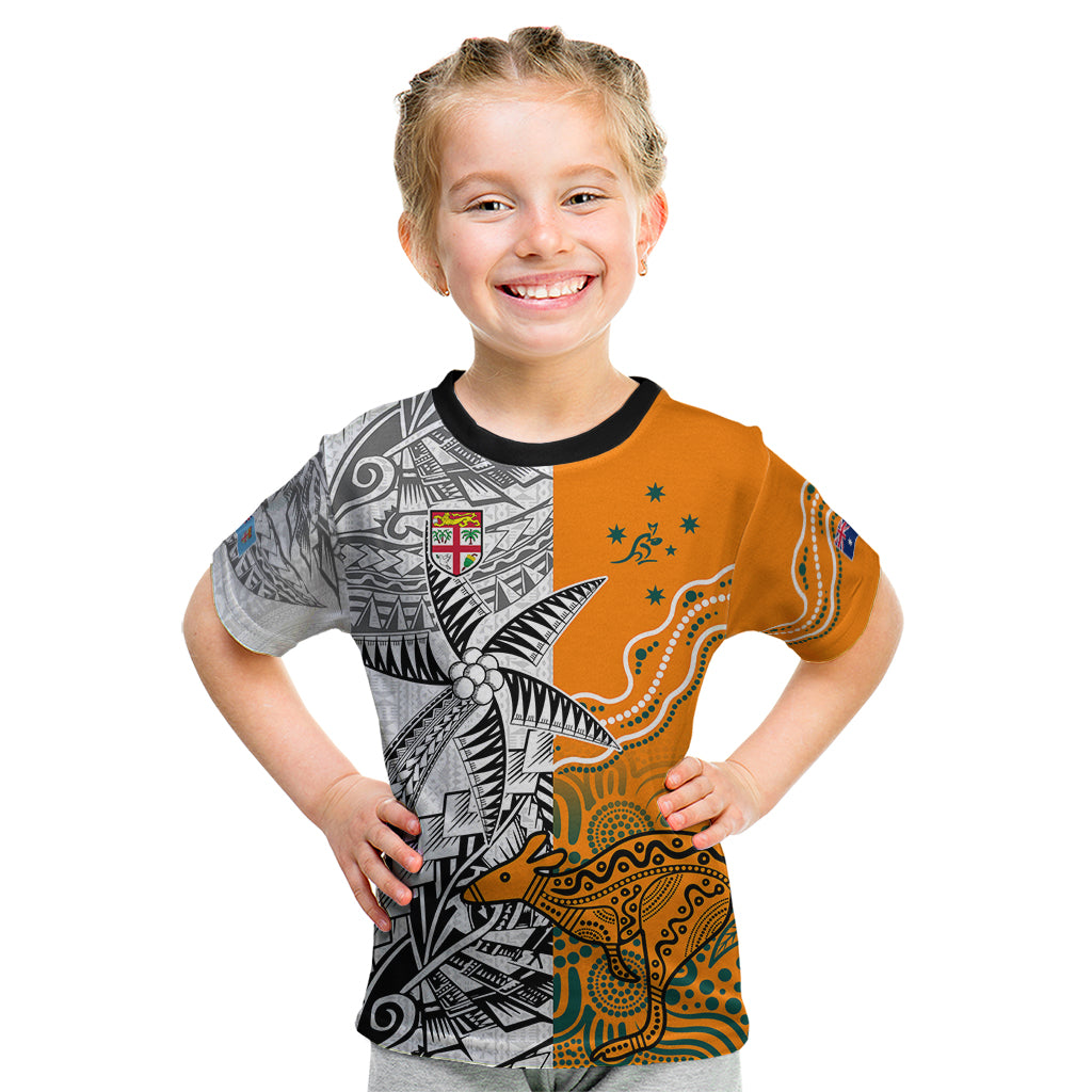 Personalised Fiji Australia Rugby Kid T Shirt World Cup 2023 Polynesia Tapa Mixed Indigenous Aboriginal LT9 Gold - Polynesian Pride