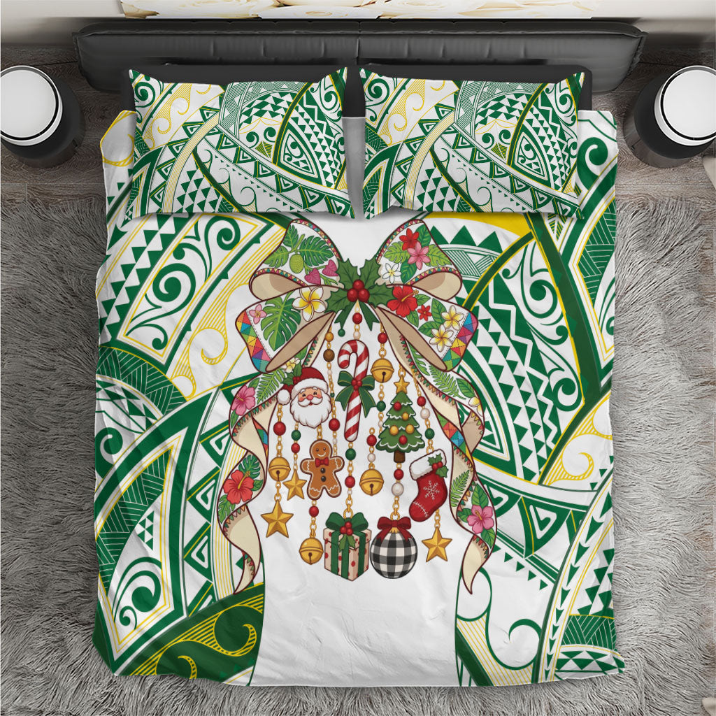 Cook Islands Tīvaevae Christmas Bow Bedding Set Gold Green Kuki Tribal Pattern