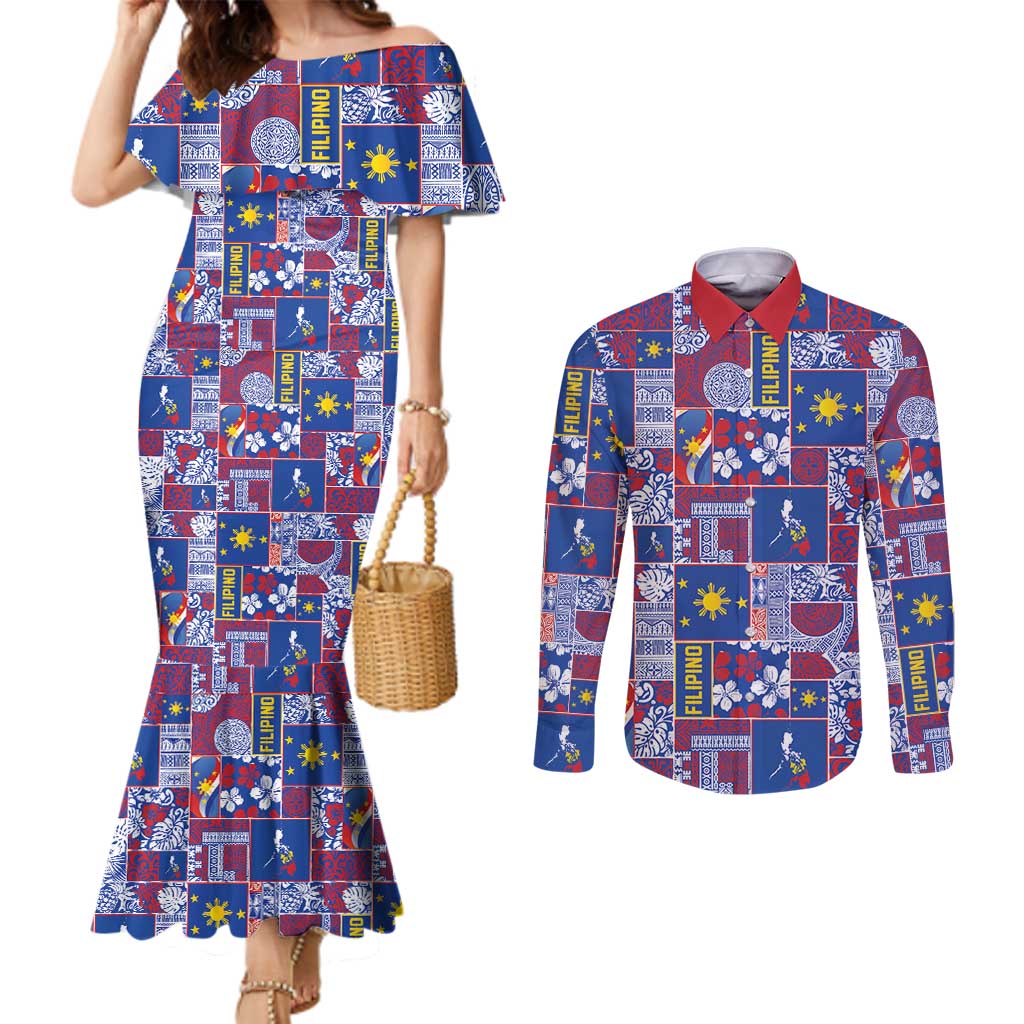 Filipino Maligayang Pasko Couples Matching Mermaid Dress and Long Sleeve Button Shirt Pacific Patchwork Xmas Vibes LT9 Blue - Polynesian Pride