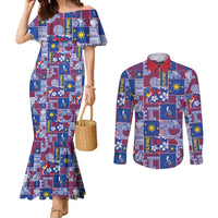 Filipino Maligayang Pasko Couples Matching Mermaid Dress and Long Sleeve Button Shirt Pacific Patchwork Xmas Vibes LT9 Blue - Polynesian Pride