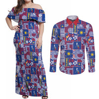 Filipino Maligayang Pasko Couples Matching Off Shoulder Maxi Dress and Long Sleeve Button Shirt Pacific Patchwork Xmas Vibes LT9 Blue - Polynesian Pride