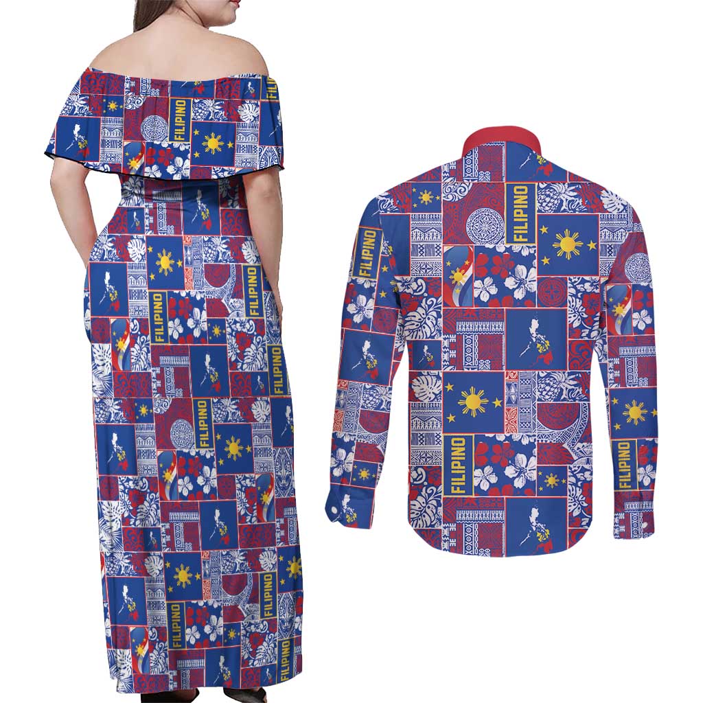 Filipino Maligayang Pasko Couples Matching Off Shoulder Maxi Dress and Long Sleeve Button Shirt Pacific Patchwork Xmas Vibes LT9 - Polynesian Pride