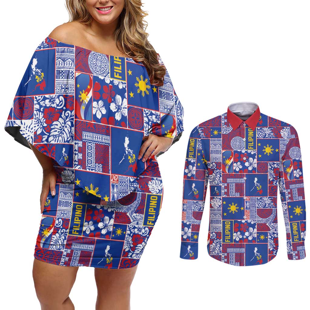 Filipino Maligayang Pasko Couples Matching Off Shoulder Short Dress and Long Sleeve Button Shirt Pacific Patchwork Xmas Vibes LT9 Blue - Polynesian Pride