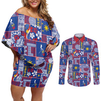 Filipino Maligayang Pasko Couples Matching Off Shoulder Short Dress and Long Sleeve Button Shirt Pacific Patchwork Xmas Vibes LT9 Blue - Polynesian Pride