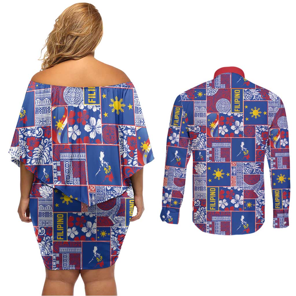 Filipino Maligayang Pasko Couples Matching Off Shoulder Short Dress and Long Sleeve Button Shirt Pacific Patchwork Xmas Vibes LT9 - Polynesian Pride