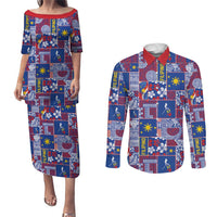 Filipino Maligayang Pasko Couples Matching Puletasi and Long Sleeve Button Shirt Pacific Patchwork Xmas Vibes LT9 Blue - Polynesian Pride