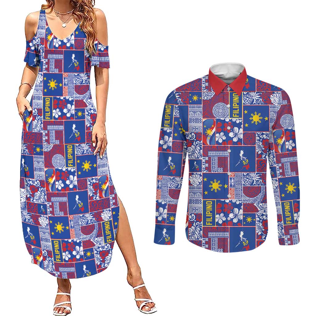 Filipino Maligayang Pasko Couples Matching Summer Maxi Dress and Long Sleeve Button Shirt Pacific Patchwork Xmas Vibes LT9 Blue - Polynesian Pride