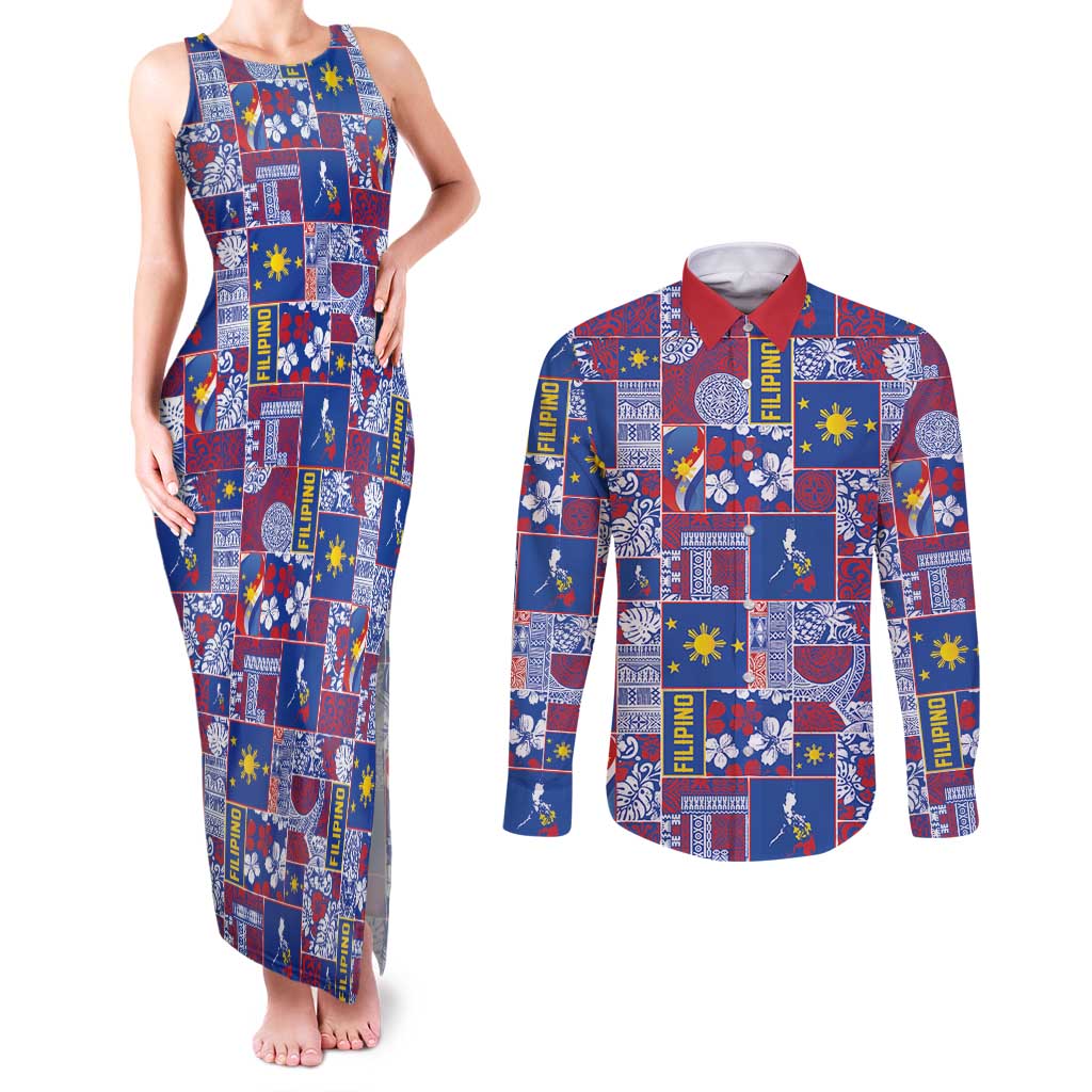 Filipino Maligayang Pasko Couples Matching Tank Maxi Dress and Long Sleeve Button Shirt Pacific Patchwork Xmas Vibes LT9 Blue - Polynesian Pride