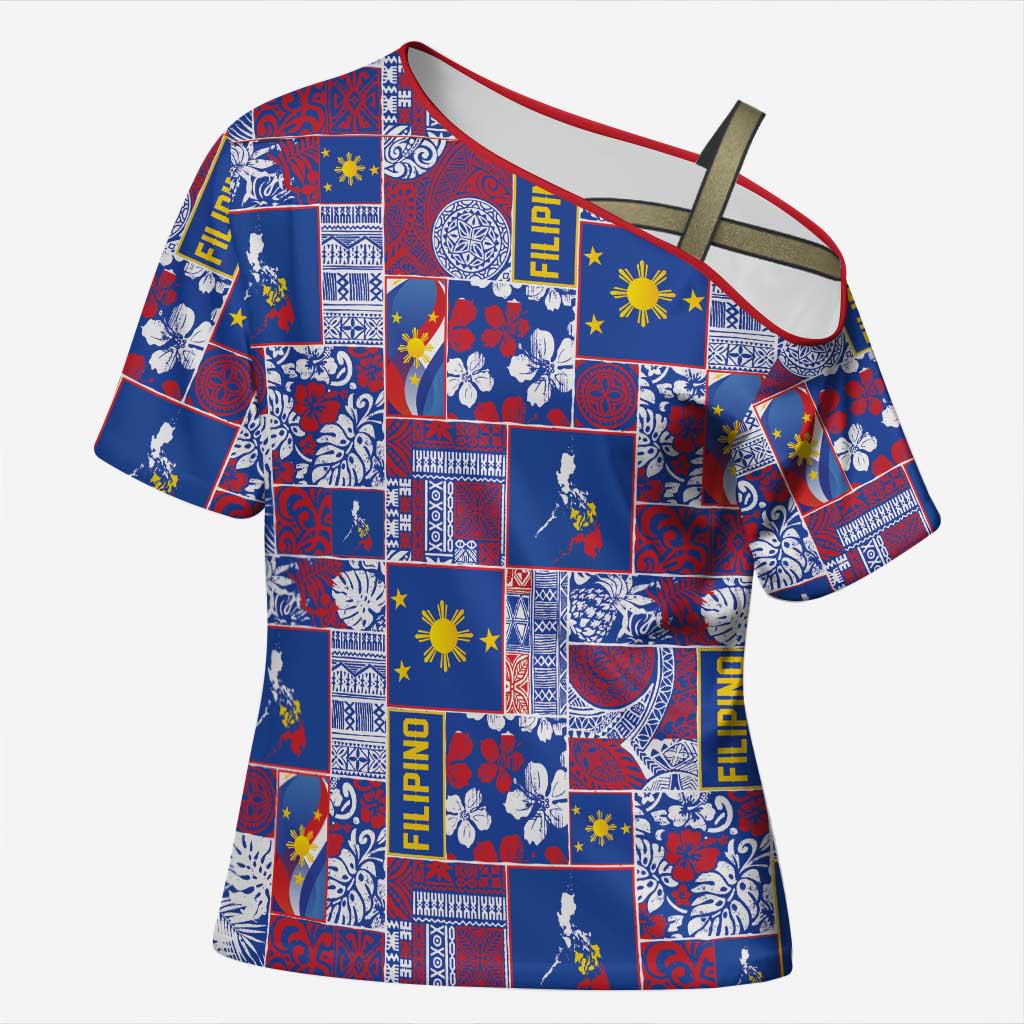 Filipino Maligayang Pasko Cross Shoulder Shirt Pacific Patchwork Xmas Vibes LT9 Female Blue - Polynesian Pride