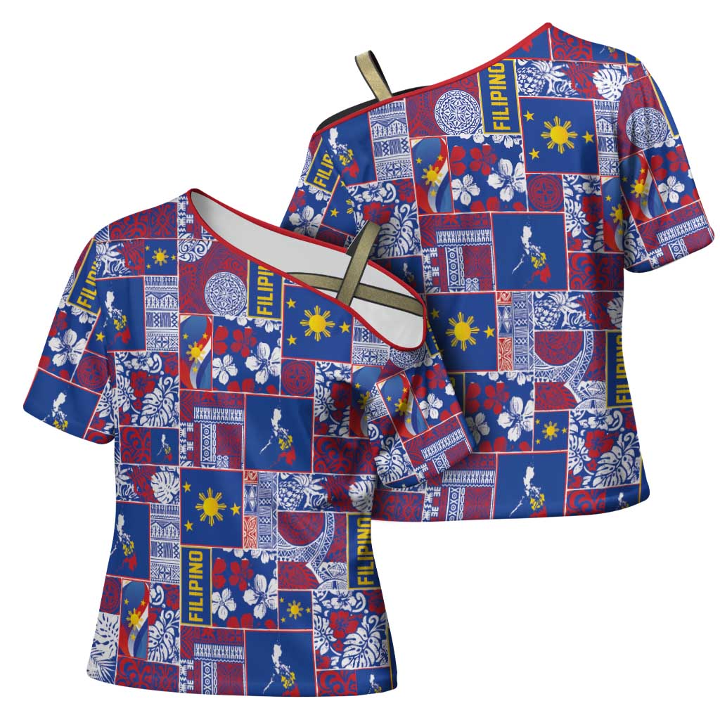 Filipino Maligayang Pasko Cross Shoulder Shirt Pacific Patchwork Xmas Vibes LT9 - Polynesian Pride