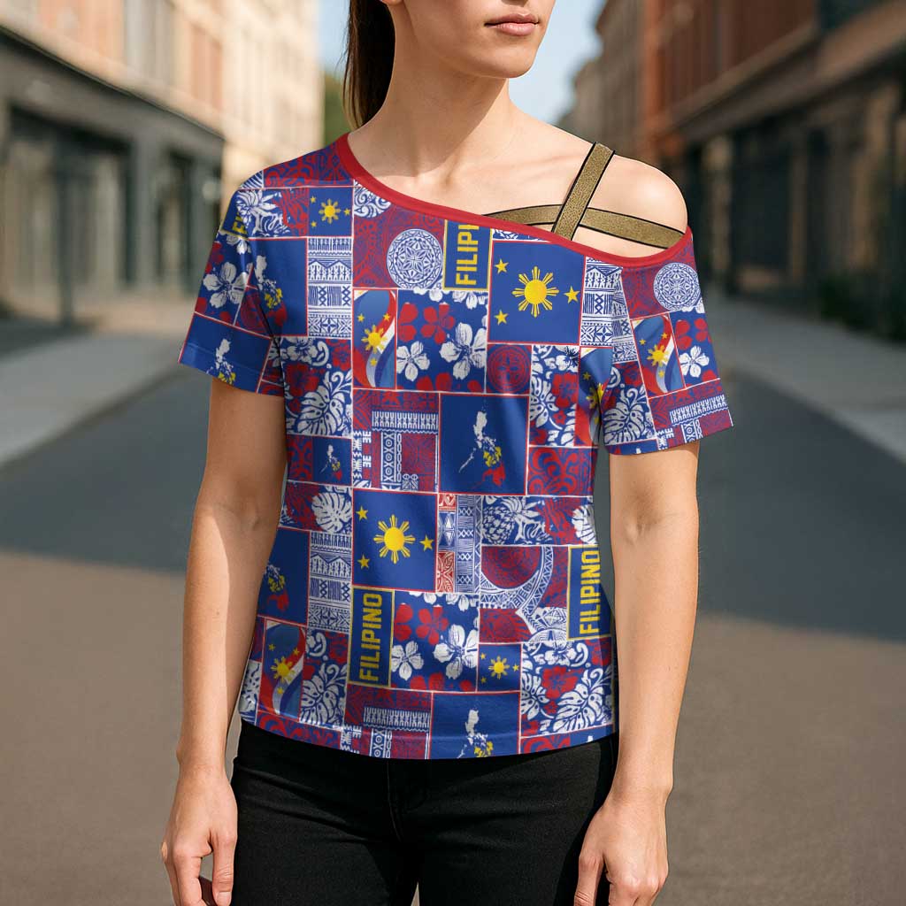 Filipino Maligayang Pasko Cross Shoulder Shirt Pacific Patchwork Xmas Vibes LT9 - Polynesian Pride