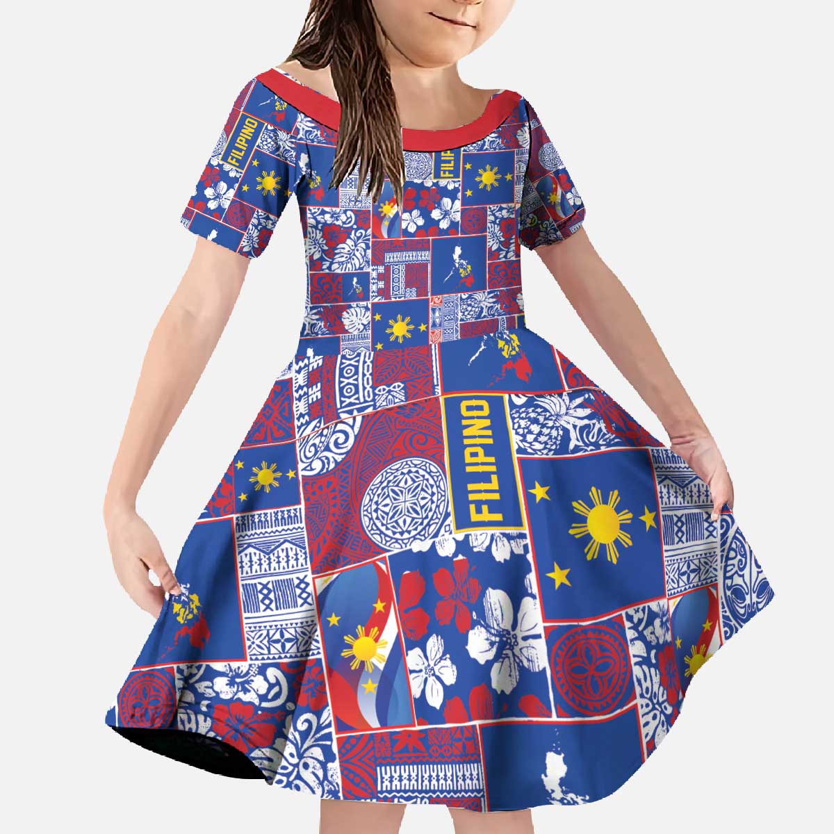 Filipino Maligayang Pasko Family Matching Off The Shoulder Long Sleeve Dress and Hawaiian Shirt Pacific Patchwork Xmas Vibes - Polynesian Pride