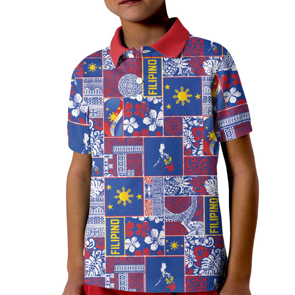 Filipino Maligayang Pasko Kid Polo Shirt Pacific Patchwork Xmas Vibes LT9 Kid Blue - Polynesian Pride