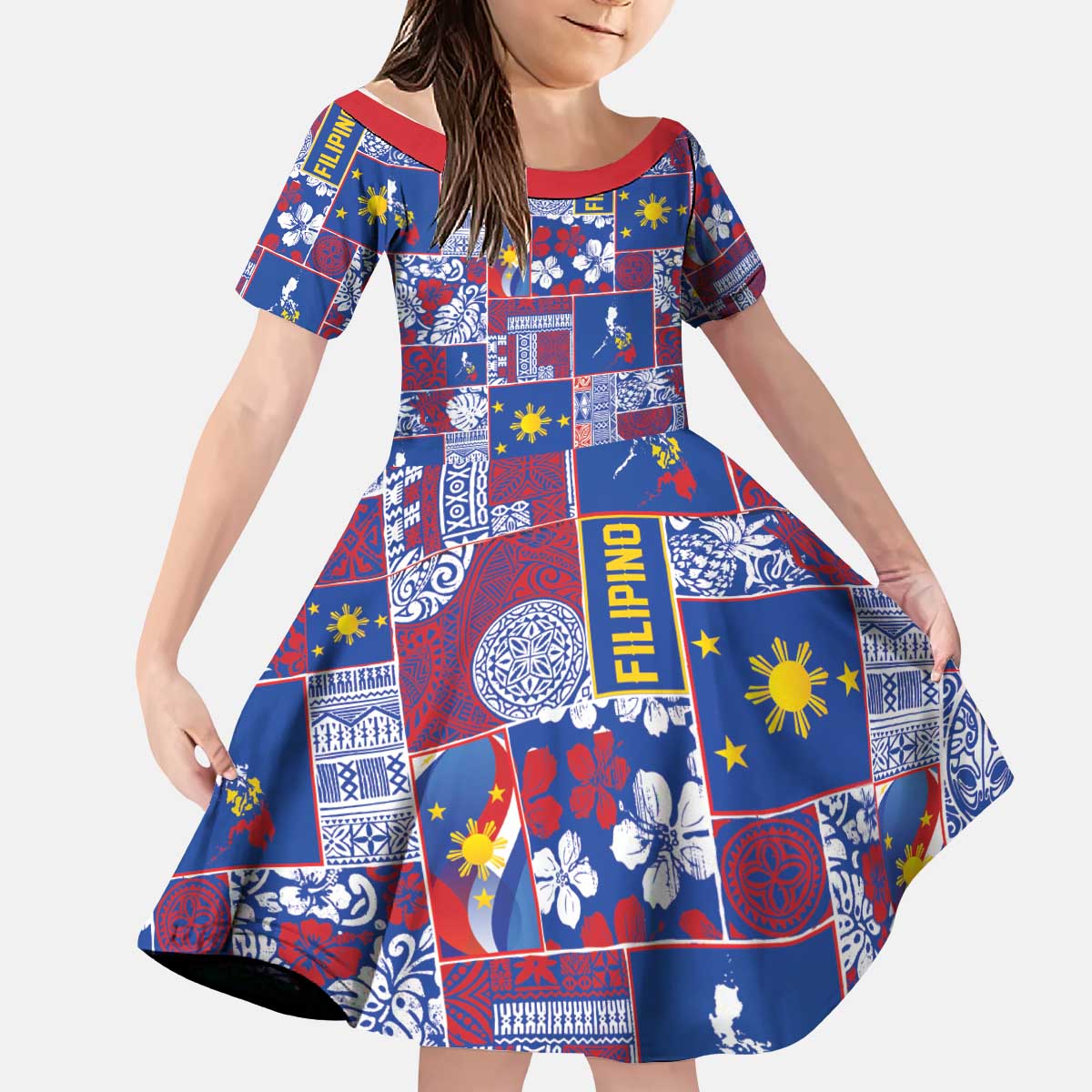 Filipino Maligayang Pasko Kid Short Sleeve Dress Pacific Patchwork Xmas Vibes LT9 KID Blue - Polynesian Pride