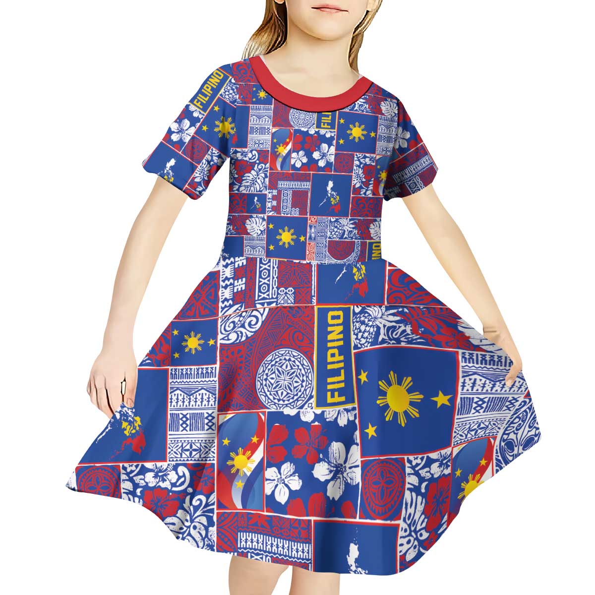 Filipino Maligayang Pasko Kid Short Sleeve Dress Pacific Patchwork Xmas Vibes LT9 - Polynesian Pride