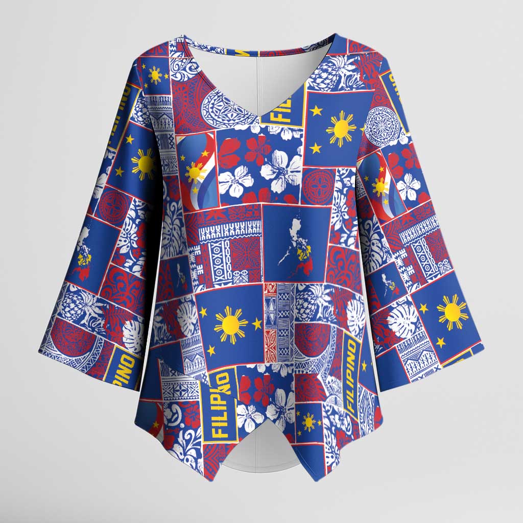 Filipino Maligayang Pasko Kimono Sleeve Blouse Pacific Patchwork Xmas Vibes LT9 Female Blue - Polynesian Pride