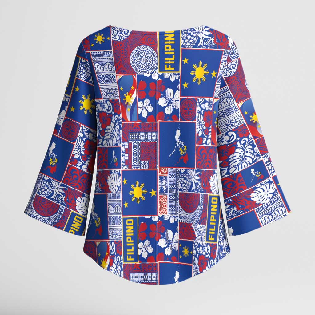 Filipino Maligayang Pasko Kimono Sleeve Blouse Pacific Patchwork Xmas Vibes LT9 - Polynesian Pride