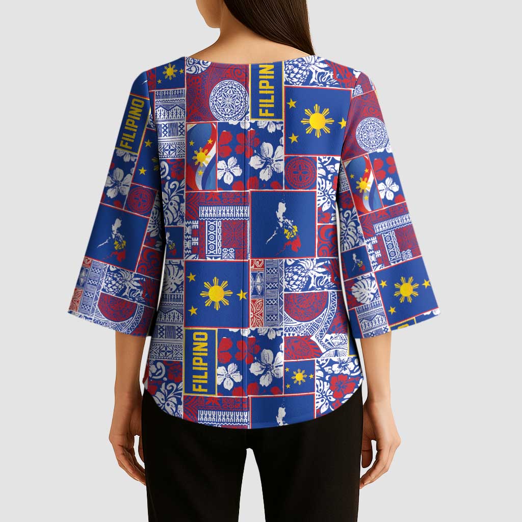 Filipino Maligayang Pasko Kimono Sleeve Blouse Pacific Patchwork Xmas Vibes LT9 - Polynesian Pride