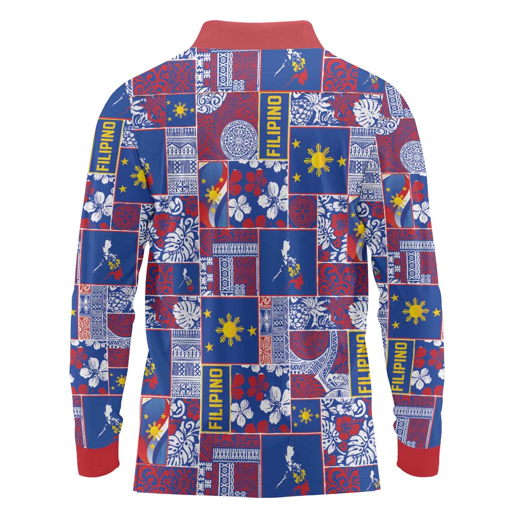 Filipino Maligayang Pasko Long Sleeve Polo Shirt Pacific Patchwork Xmas Vibes LT9 - Polynesian Pride