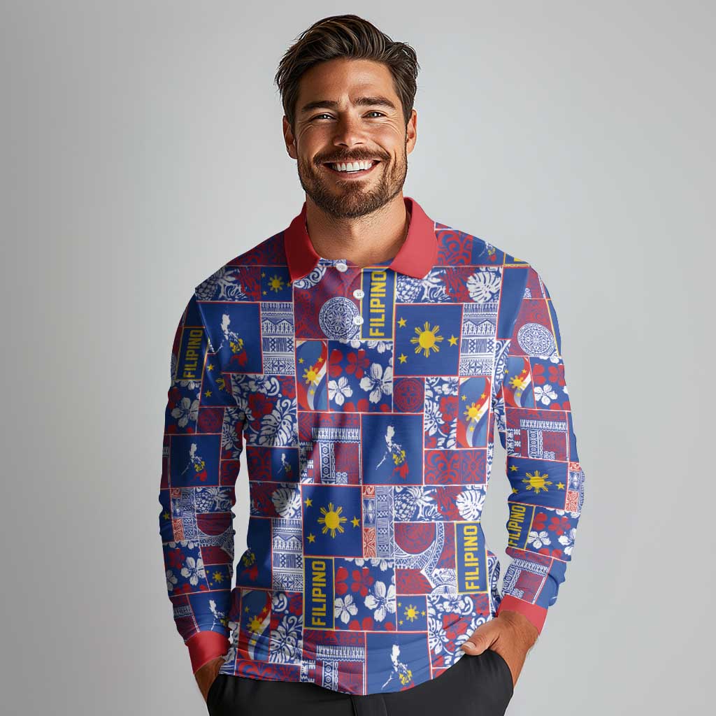 Filipino Maligayang Pasko Long Sleeve Polo Shirt Pacific Patchwork Xmas Vibes LT9 - Polynesian Pride