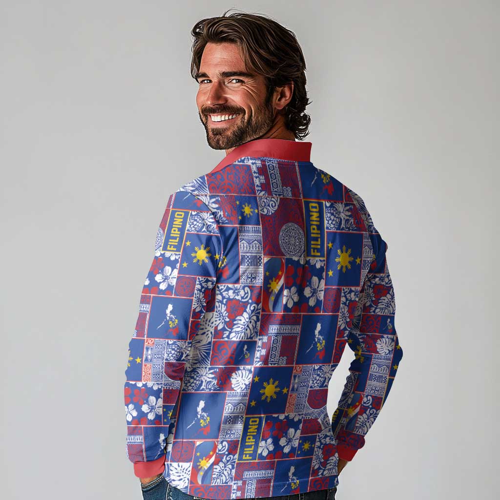Filipino Maligayang Pasko Long Sleeve Polo Shirt Pacific Patchwork Xmas Vibes LT9 - Polynesian Pride