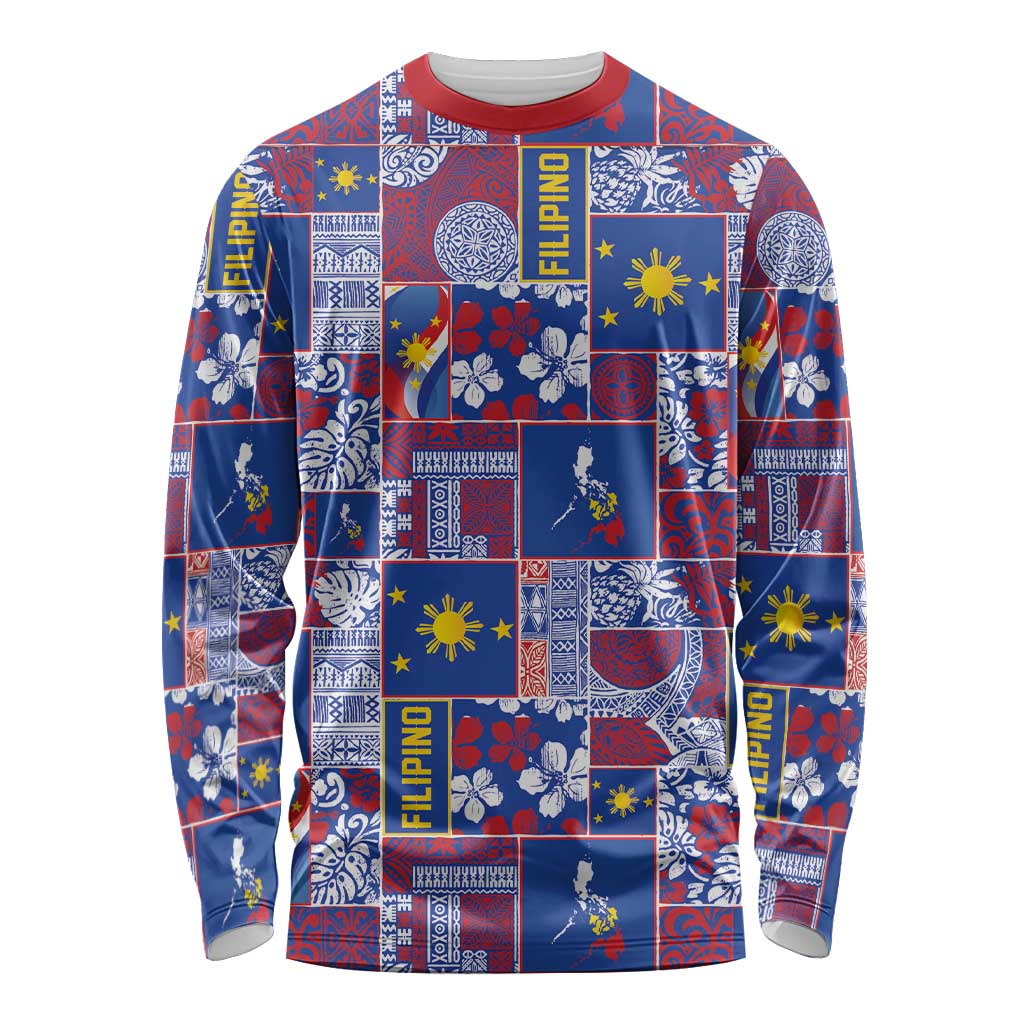 Filipino Maligayang Pasko Long Sleeve Shirt Pacific Patchwork Xmas Vibes LT9 Unisex Blue - Polynesian Pride