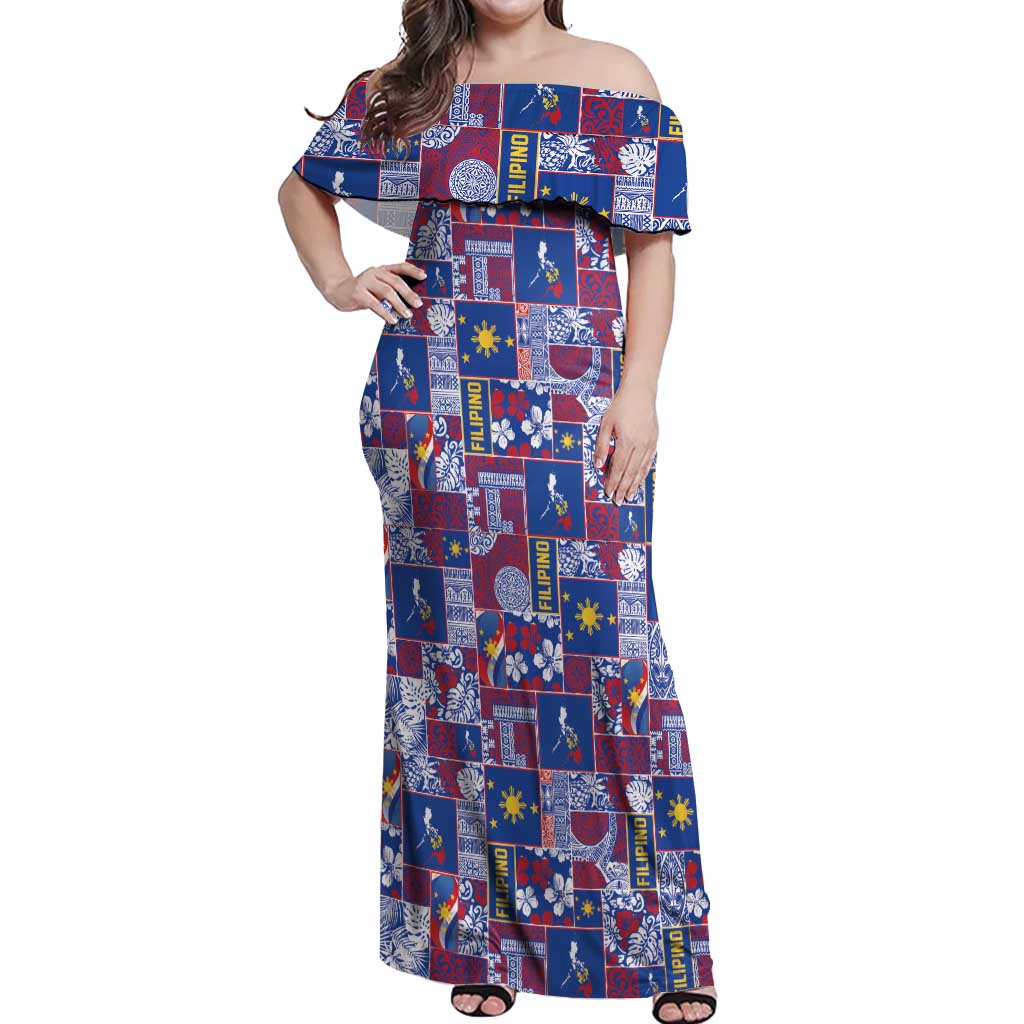 Filipino Maligayang Pasko Off Shoulder Maxi Dress Pacific Patchwork Xmas Vibes LT9 Women Blue - Polynesian Pride