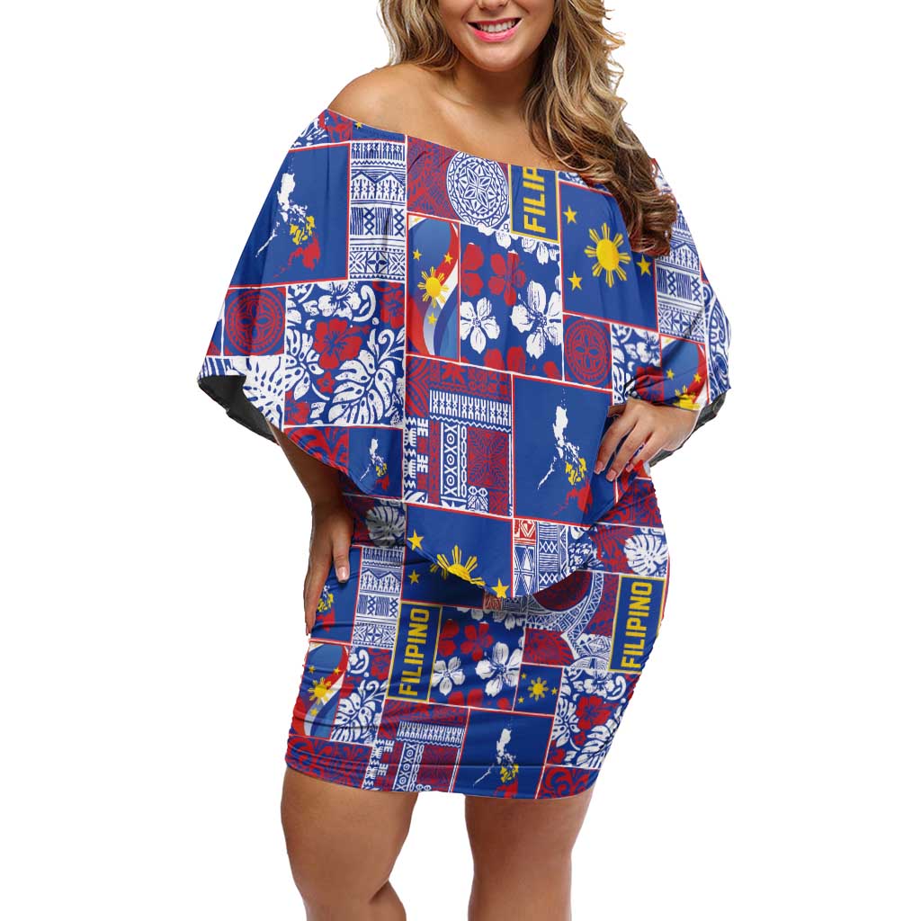 Filipino Maligayang Pasko Off Shoulder Short Dress Pacific Patchwork Xmas Vibes LT9 Women Blue - Polynesian Pride
