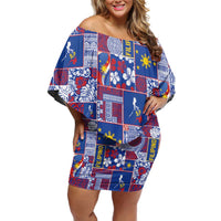 Filipino Maligayang Pasko Off Shoulder Short Dress Pacific Patchwork Xmas Vibes LT9 Women Blue - Polynesian Pride