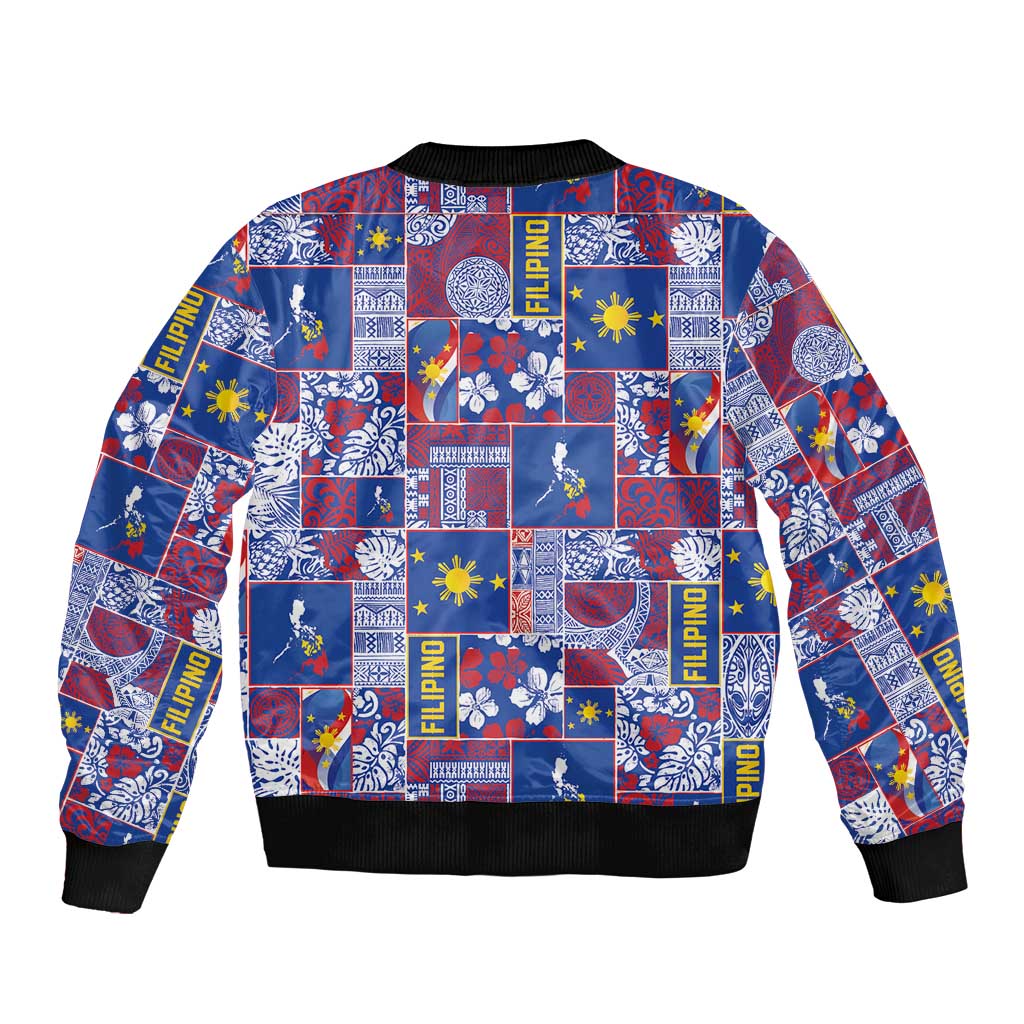 Filipino Maligayang Pasko Sleeve Zip Bomber Jacket Pacific Patchwork Xmas Vibes - Polynesian Pride