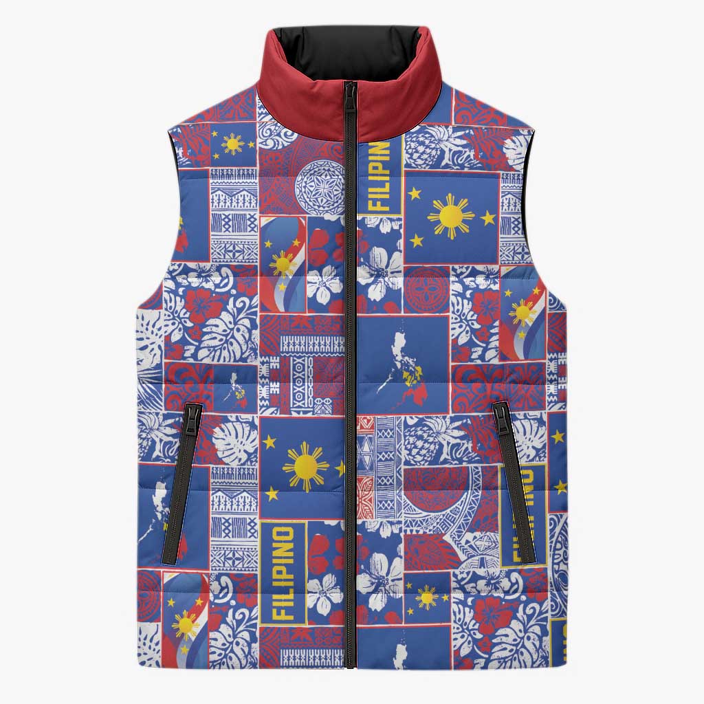 Filipino Maligayang Pasko Sleeveless Puffer Jacket Pacific Patchwork Xmas Vibes LT9 Unisex Blue - Polynesian Pride