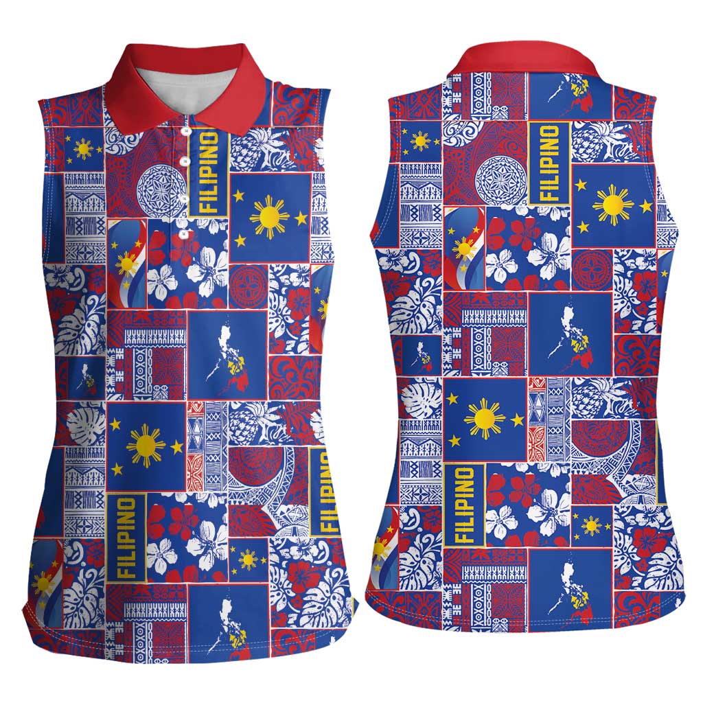 Filipino Maligayang Pasko Women Sleeveless Polo Shirt Pacific Patchwork Xmas Vibes LT9 - Polynesian Pride