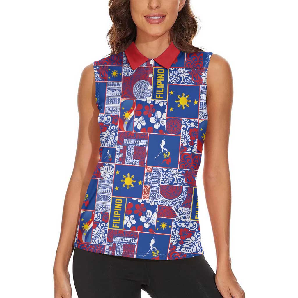 Filipino Maligayang Pasko Women Sleeveless Polo Shirt Pacific Patchwork Xmas Vibes LT9 - Polynesian Pride