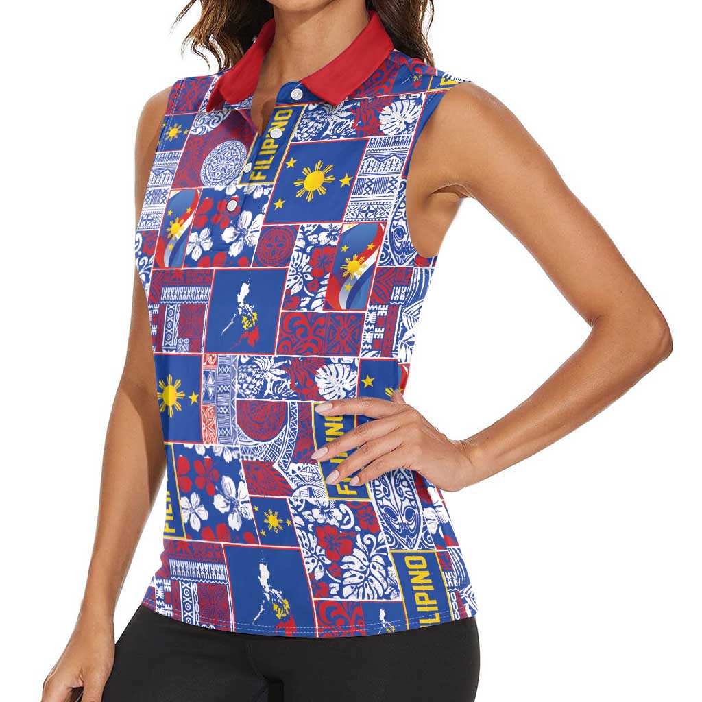 Filipino Maligayang Pasko Women Sleeveless Polo Shirt Pacific Patchwork Xmas Vibes LT9 - Polynesian Pride